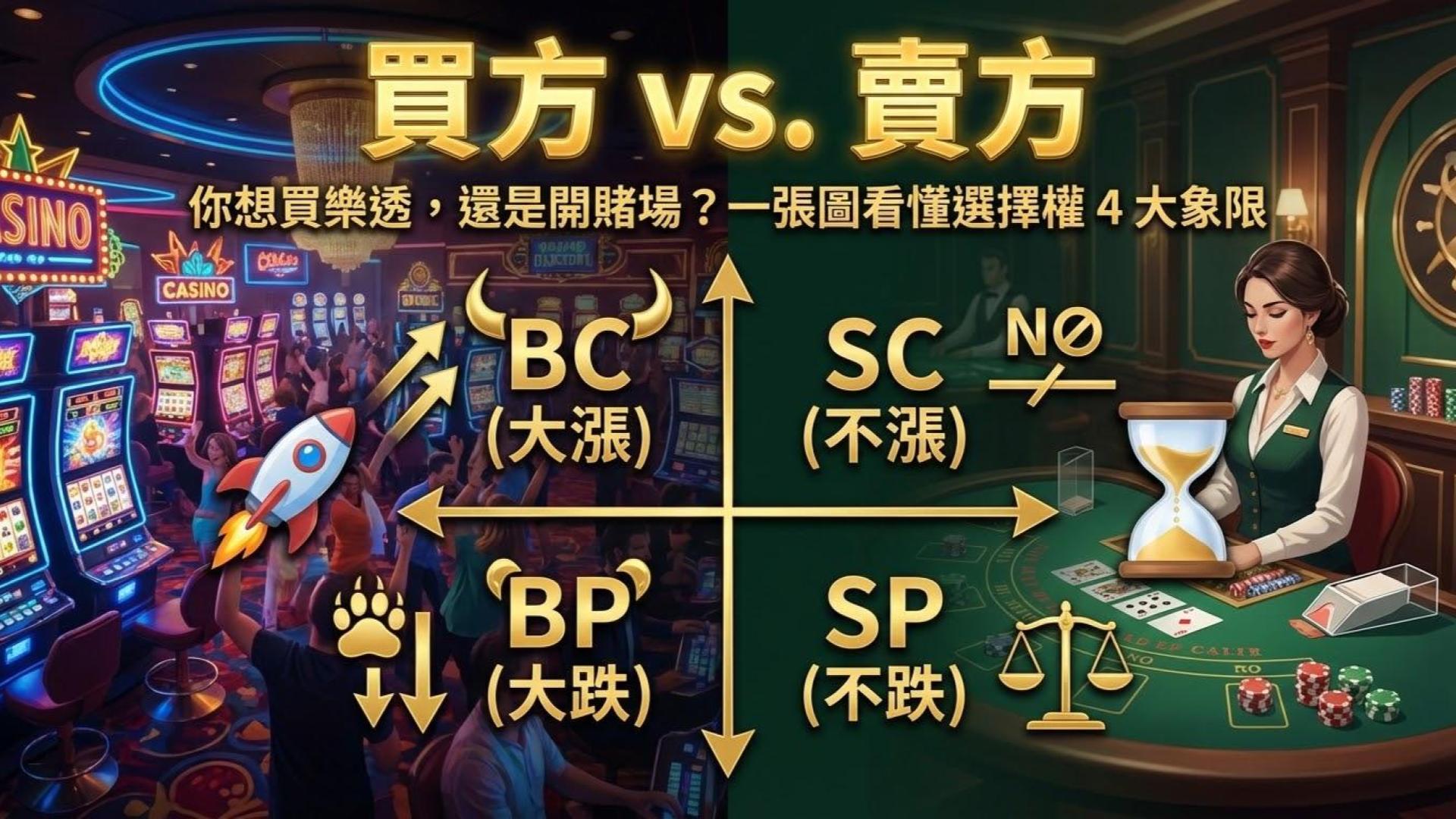 【買方 vs. 賣方】你是想買樂透，還是開賭場？一張圖看懂選擇權的 4 大象限與獲利邏輯